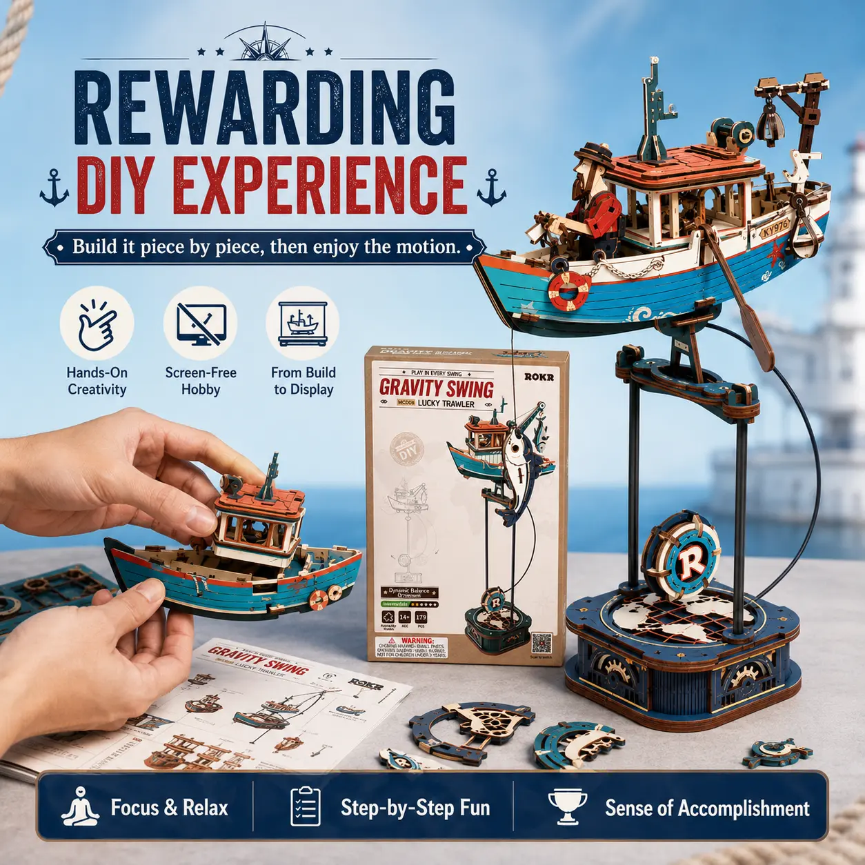 【ROKR 】Ocean Fisher Pendulum Balance Toy - 3D Puzzle, Classic Novelty Stress Relief Toy for Adults & Teens rubber band ball glitter
