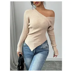 Off Shoulder Soft Stretchy Ribbed Sweater, FITS SMALL, Size Up! Wrap Asymmetrical Elegant Top, High-Stretchy Materia
