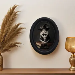 Wizard Hat Cat Sitting Book Stack Picture Frame Hanging Art, Oval Frame Decoration, Vintage Book Wall Decor, Gothic Bedroom Study, Illustrations, Artistic, Modern Home Decor, Home Decor Accessory, Vintage Prints