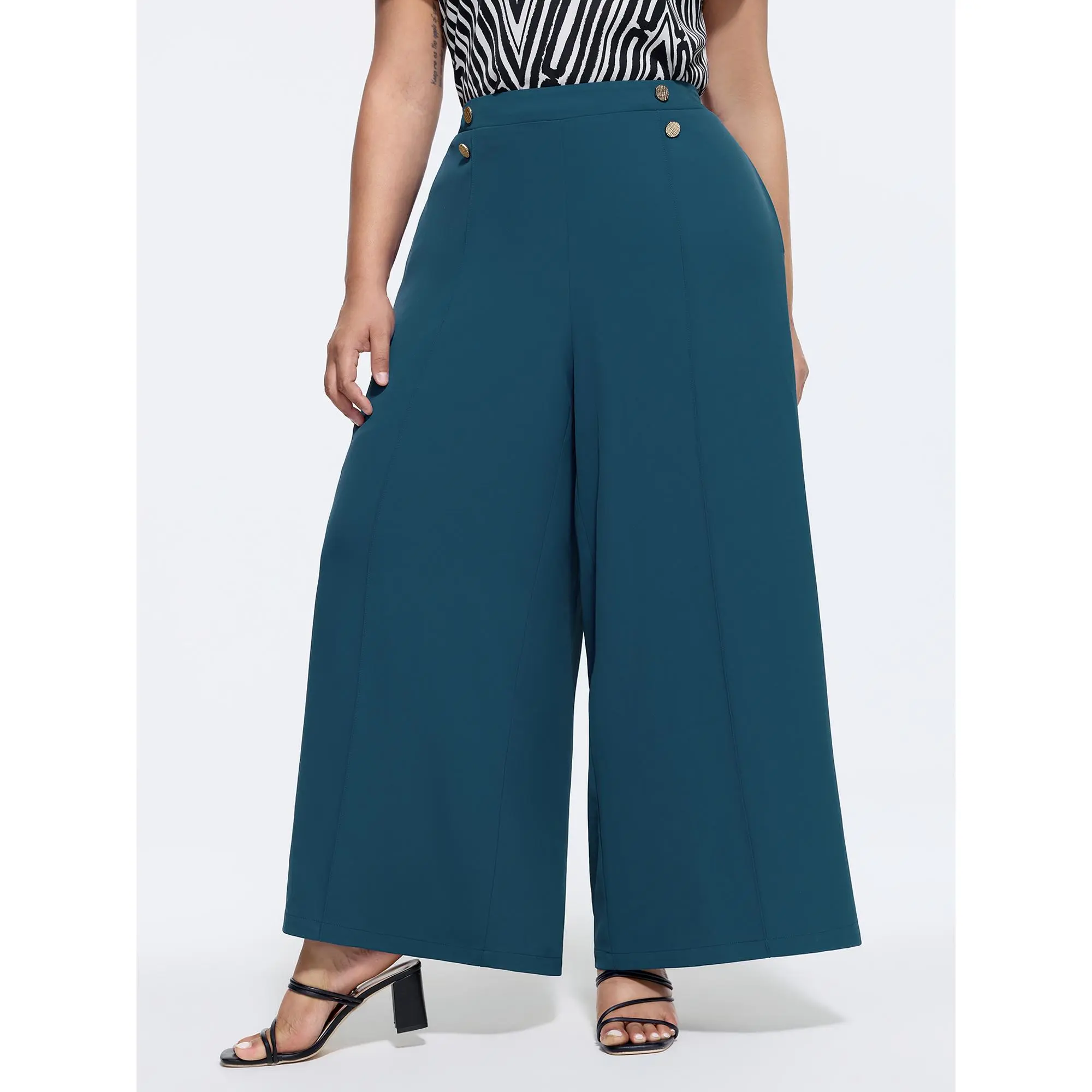 BloomChic Women's Plus Size Teal Wide Leg Pants, Smooth Polyester-Spandex Trousers for Office with a Mid Rise Waist and Side Pockets, Fabric, Garment, Fit, Office Wear, Basic, Fashion, Regular Length, Smooth Finish, Spandex Blend, Bottom, Clothes, Busines