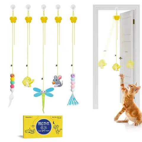 Potaroma Interactive Cat Toys 5 Pcs, Cat Teaser Retractable, Hanging Cat Feather Toys for Bored Indoor Adult Cats, Mental Physical Stimulation for All Breeds and Species