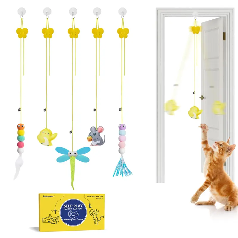 Potaroma Interactive Cat Toys 5 Pcs, Cat Teaser Retractable, Hanging Cat Feather Toys for Bored Indoor Adult Cats, Mental Physical Stimulation for All Breeds and Species