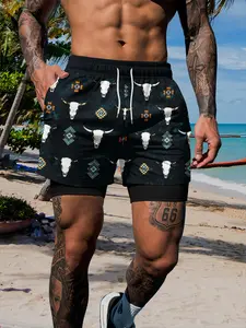 Men's Two-In-One Quick-Dry Beach Swim Shorts, Western Skull Aztec Geometric Print, Drawstring Casual Summer Shorts, Loose-Fitting
