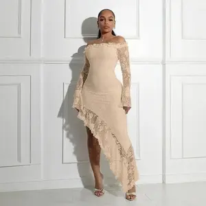 Women's Formal Beige Lace Dress Off - Shoulder, Long Sleeves, Asymmetric Ruffled Hem Wedding Guest Dresses