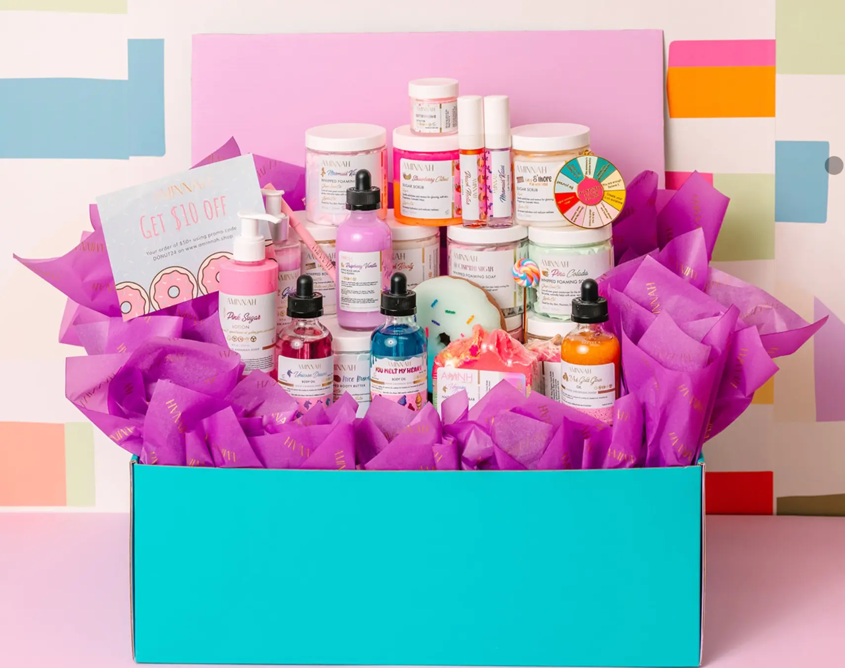 AMINNAH Self-Care Gift Set - Daily Cosmetic Box for Skin Repair with Full-Size Body Butter, Sugar Scrub, Body Oil & Lip Gloss for Women