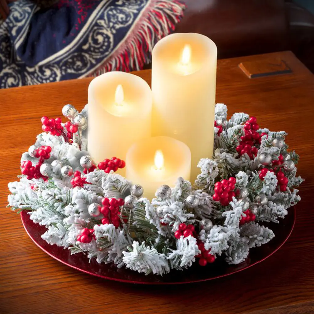 Christmas Wreath 28cm Snow Velvet Winter Decorative Ring with Pine Cones Berries Apples Front Door Fireplace Table Centerpiece