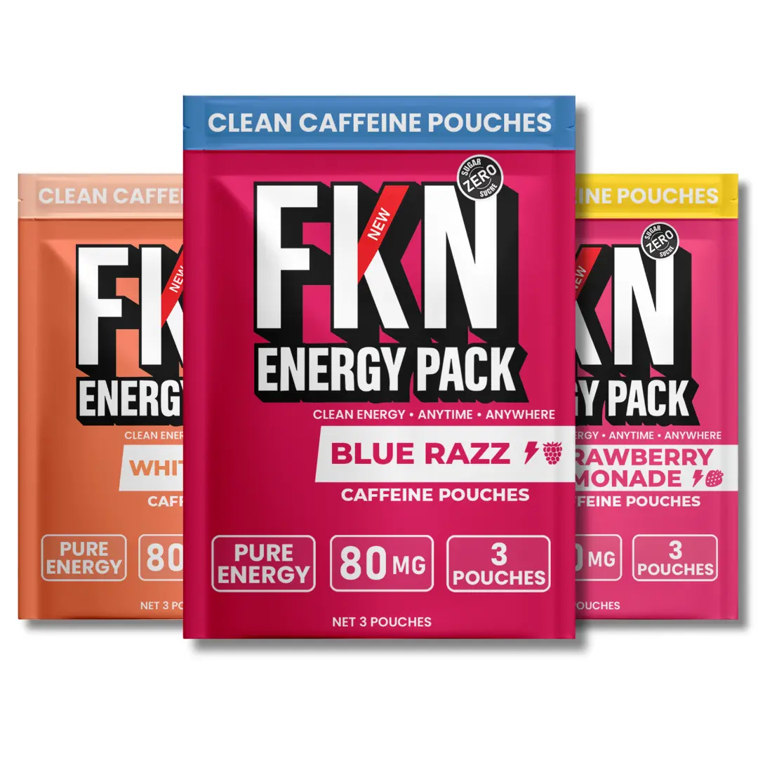 FKN Caffeine Sport Energy Pouches (3-Pack) - 80MG Per Pouch, Sugar-Free Clean Beverage Boost, Blue Raspberry, White Peach & Sweet Strawberry Lemonade Flavor Drink Mix Packets