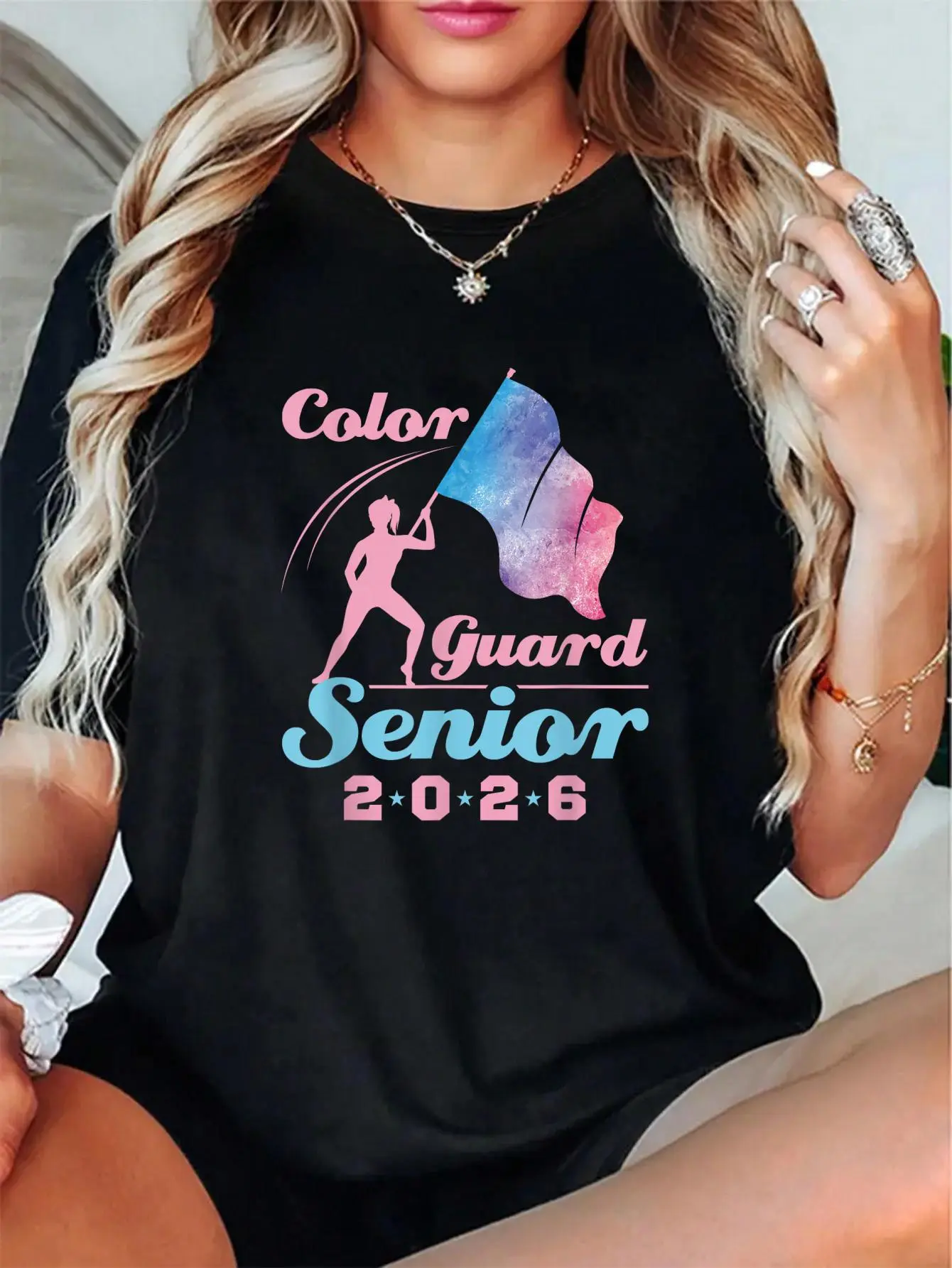 Women's 2026 Senior Color Guard Crew Neck Soft Short-Sleeve Tee - 100% Breathable Cotton Fabric, Cute Vintage Graphic Print, Relaxed Fit T-Shirt for Graduation, Everyday Wear, Style, All Seasons, Casual, Shortsleeve, Tshirt, Round Neck, Top, Vibe, Classic
