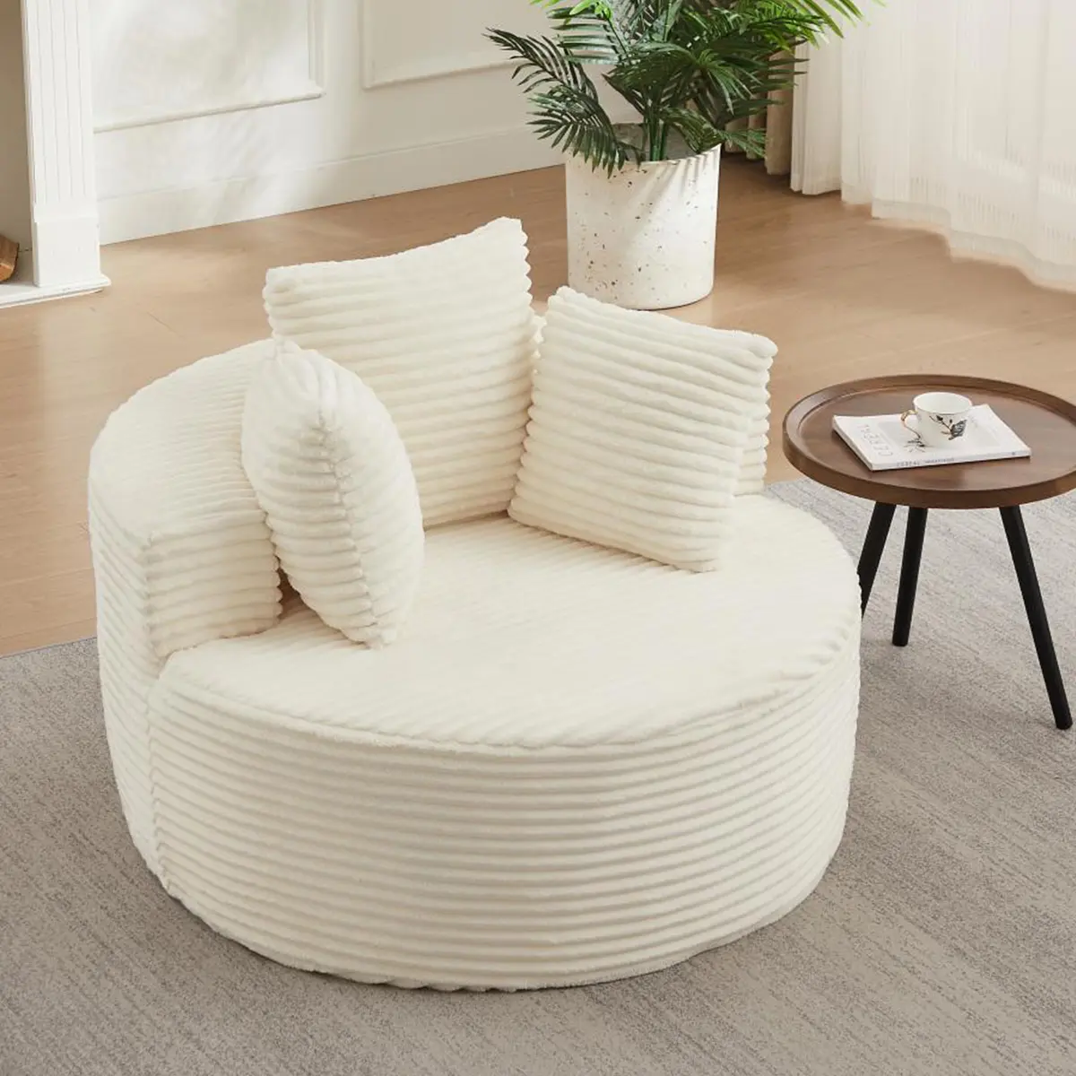 43-inch Oversized Round Chair Lounge Chaise Indoor, Upholstered Corduroy Deep Seat Cloud Large Circle Sofa Chair, No Assembly Required, Fluffy Modern Sleeper Sofa Bed for Reading, Beige