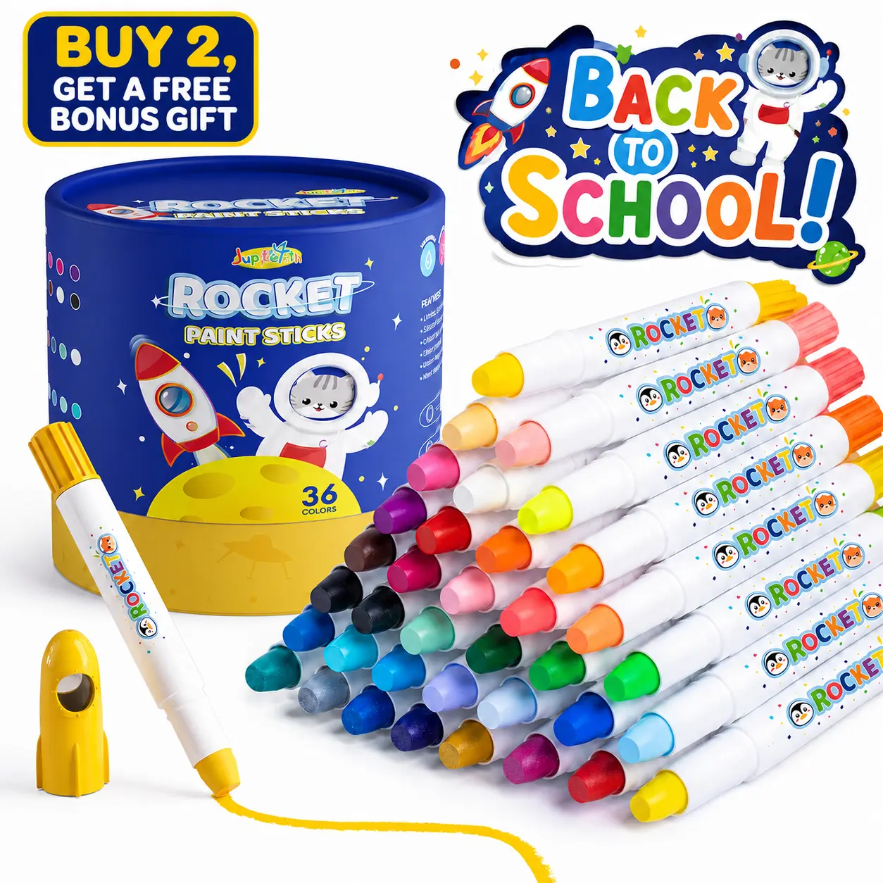 JUPITEARTH 36-Color Rocket Tempera Gouache Paint Sticks for Kids, Jumbo Easy-Grip Silky Crayons, Non-Toxic Washable Oil Pastels for Toddlers, Back to School Shopping Art Supplies with 120-Page PDF Coloring Book 02