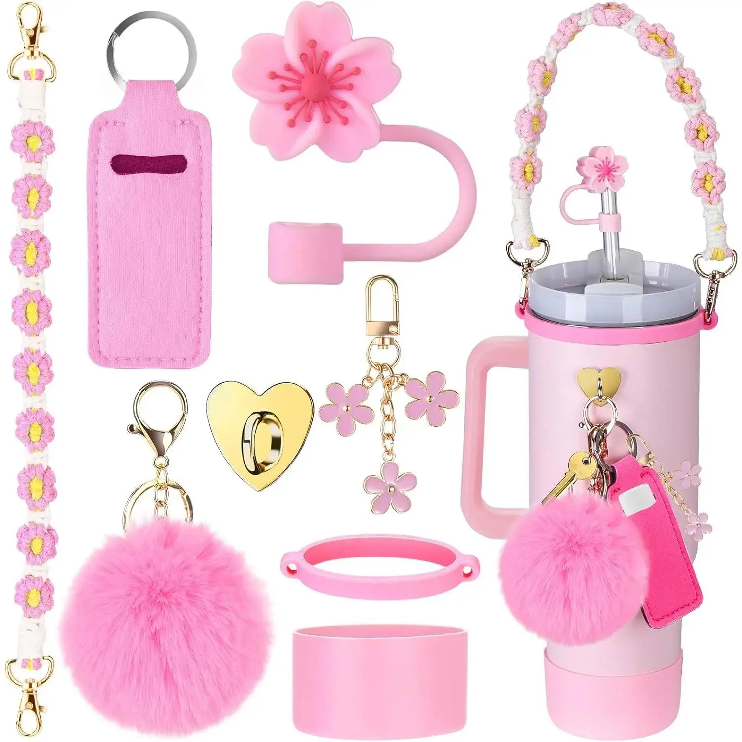 Cup Accessories for Stanley Cup 30oz 40oz Tumbler with Handle, Including Water Bottle Handle Strap, Chapstick Holder, Boot, Keychain Charms, Straw Topper Cover Cap for Stanley (Pink) Drinkware Set