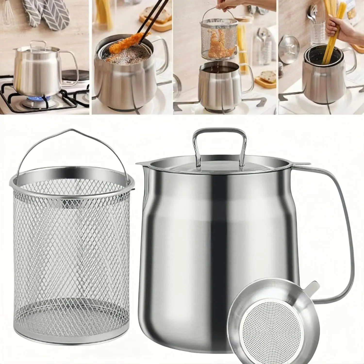 304 Stainless Steel Deep Fryer Pot with Basket & Strainer, Large Capacity Bacon Grease Container for Kitchen,Frying, Cooking, Camping,Oil Filter Container - Dishwasher Safe