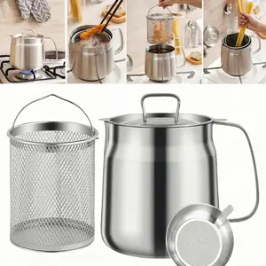 304 Stainless Steel Deep Fryer Pot with Basket & Strainer, Large Capacity Bacon Grease Container for Kitchen,Frying, Cooking, Camping,Oil Filter Container - Dishwasher Safe
