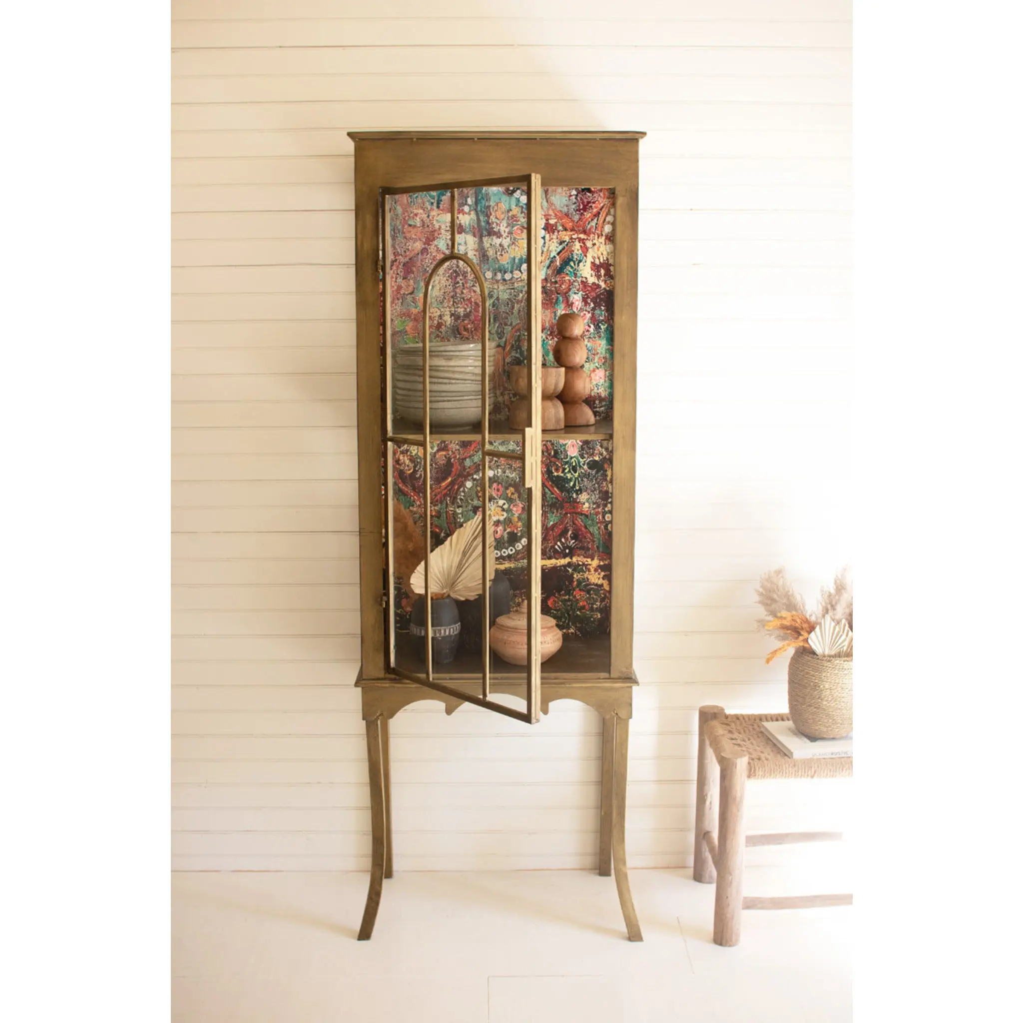 Kalalou Gold Metal Glass Cabinet With Colorful Print Back