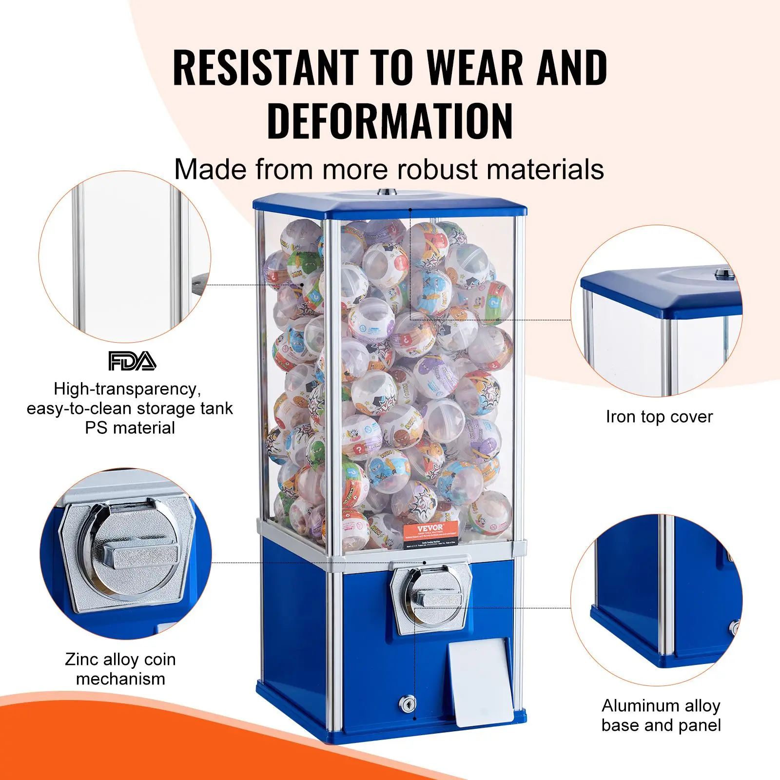 VEVOR Gumball Machine for Kids, 25" Height Home Vending Machine, PS Bouncy Balls Dispenser, Hold 230 Capsule Toys, Rectangle Bubble Gum Machine for Game Stores, Coin Operated Gumball Bank, Blue