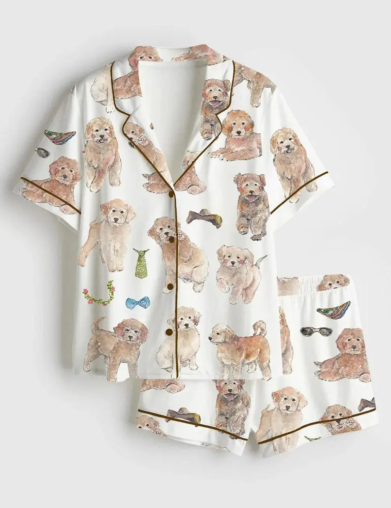 Watercolor Goldendoodle Dog Lover Satin Pajama Set, Cute Goldendoodle Mom Silk Pjs, Luxury Long Sleeve Sleepwear, Pet Lover Gift, Dog PJS