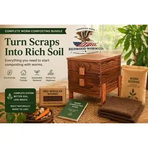 Complete Worm Composting Kit – Handmade Redwood Worm Bin with Red Wiggler Worms & Castings Catch Tray
