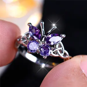 RINGLUX - Elegant Female Purple Butterfly Zircon Stone Engagement Ring Silver Color Summer Wedding Jewelry For Women
