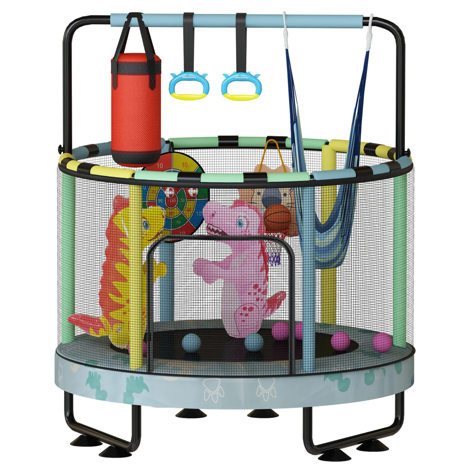 Lamerge Mini Round Toddler Trampoline - 7-in-1 Kids Toys with Basketball Hoop, Swing, Hanging Rings, Ocean Balls, Sandbag, Dartboard - Inflatable Outdoor Trampolines for Outdoor Play, Playful Safety-Certified Gift for Boys/Girls, Playful Outdoor Trampolin