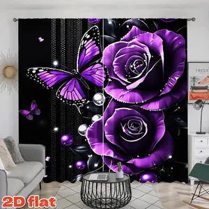 2D Flat 2Pcs Purple Butterfly Rose Curtains, Semi-Sunshade Polyester Fiber Window Treatment Panels, Elegant Decor for Living Room, Bedroom, Balcony, Dining, Hotel, Office, Cafe, and Shower Windows, Anti-Privacy, Home Decorative Curtains.