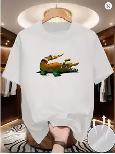 Cartoon Crocodile Boss Short Sleeve Summer New Breathable and Comfortable Makes You Look Fair and Slim Fierce Crocodile Print T-Shirt Black, Round Neck, Loose Short Sleeve Unisex Suitable for Daily Summer Wear, Casual Street Style