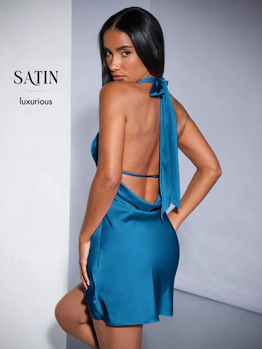 Teal Blue,Summer,Elegant,Party Night Nude Pink&Light Pink Backless Draped Halter Neck Dress,Homecoming/Graduation/Wedding Guest Satin Prom Mini Dress