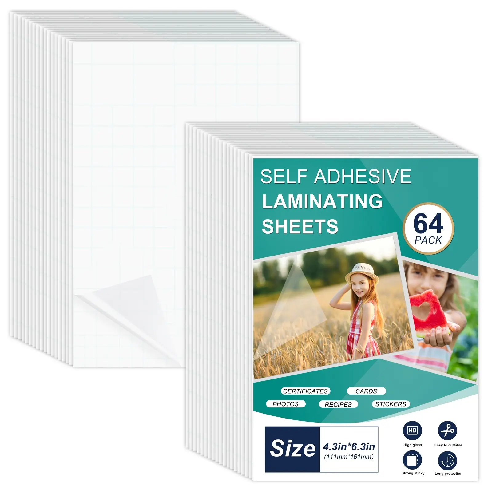 64 Sheets Self Seal Laminating Pouches 4x6, Self Adhesive Laminating Sheets, Clear Laminate Sheets for Stickers, Cards, Clear Adhesive Sheets, Durable Protection, Strong Sticky, Easy To Cut, Size
