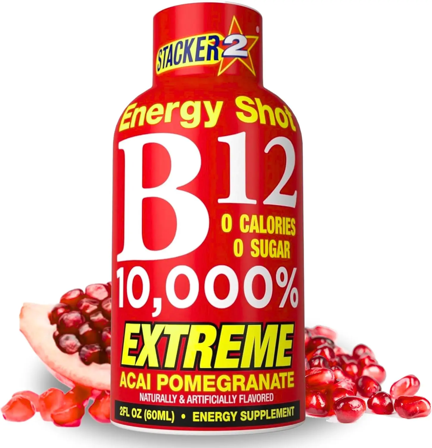Stacker 2 Vitamin B Complex B12 B6 B3 Liquid Energy Shots - Vegansafe & Vegan Cyanocobalamin, B-6 Pyridoxine - B3 Niacinamide (Niacin) - 12 Bottles - Acai & Pomegranate
