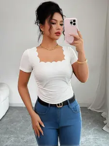 Women's Summer Fashion Chic Basic Short Sleeve Wavy Hem Square Neck Solid Color Slim Fit Casual Top Shirts, Stylish Women's Clothing for Daily Wear Blouse Graphic Womenswear