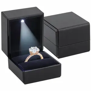 Novel Box Square Shaped Black Ring Box With LED Light 2.25X2X2.5 Inches Jewelry Ring Case Best for Jewelry Displays Gift Boxes for Mother's Day Engagement Proposal Anniversary & more Happy Occasions