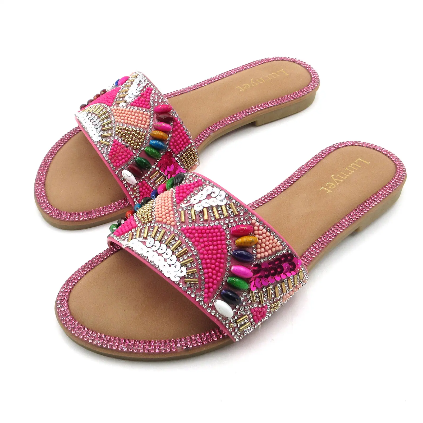 Women's Sparkly Summer Sandals 2026 Rhinestone Bling Colorful Round Toe Flats Slides Shoes Sparkle Dream # casual beach vacation shoe walking footwear use elegant sandal versatile daily wear travel arch support dress comfy for women boho style lady outing