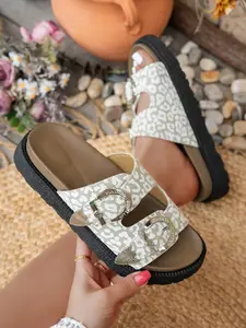 Tiger Print Dual Strap Design Metal Buckle Thick Sole Sandals, Vintage Wild Style, Perfect for Daily Wear, Vacation, Music Festivals, Retro Look, Footwear