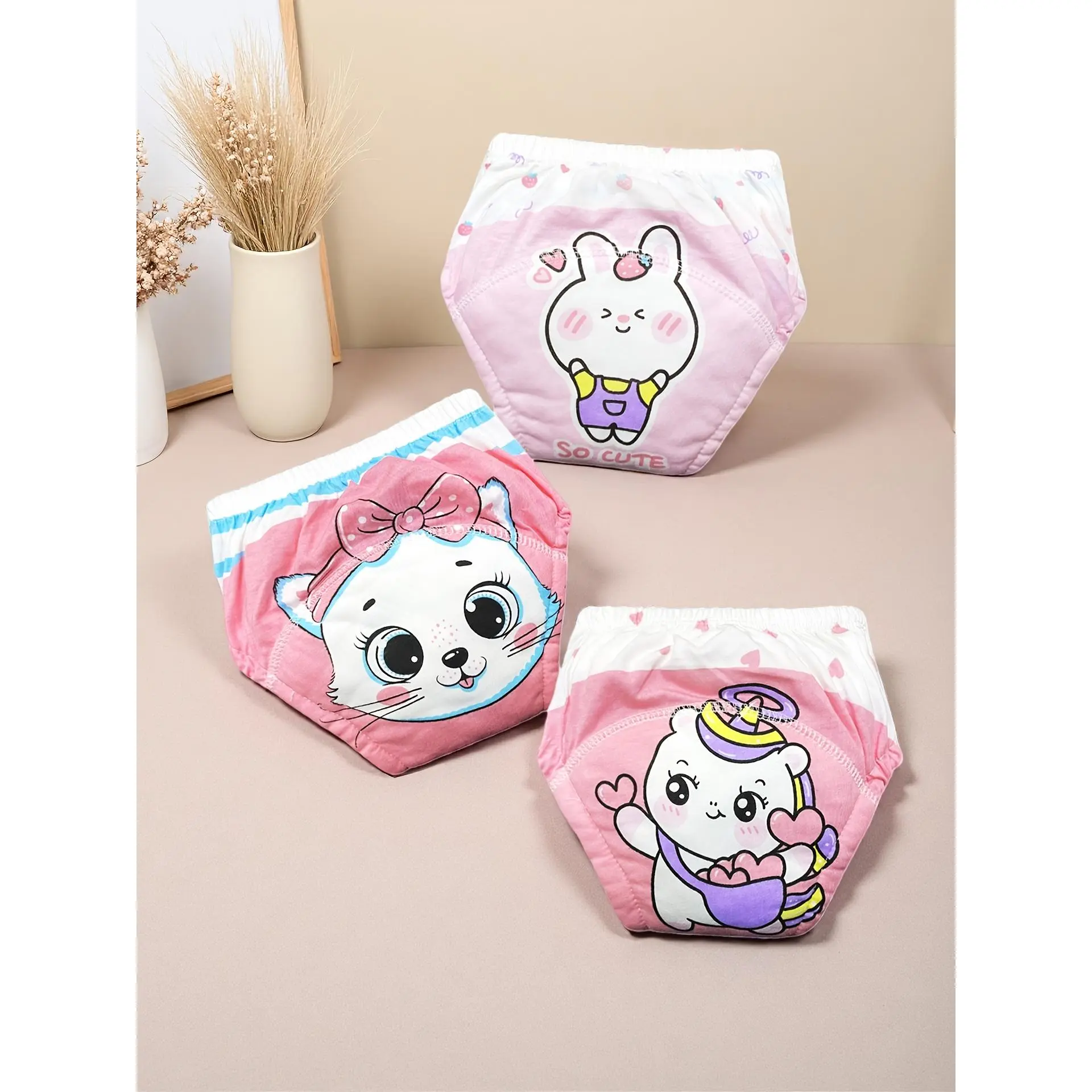 Girls' Pure Cotton Reusable Potty Training Pants 3-Pack, Absorbent Leak-Proof Underwear with Cute Animal Prints, Reusable Wear for Toddlers
