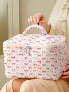 1 piece of pink bow and heart pattern 2D printed portable travel makeup, brush, and accessory organizer bag, storage box toolbox, large capacity travel wash and rinse supplies organizer bag, cute and fashionable makeup bag, Cosmetics Organizer