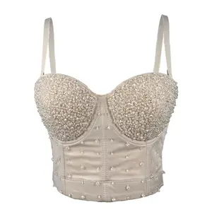 Tank Tops Bra Blusas Short Hand-Stitched Rhinestone Glisten High Quality Fishbone Corset Woman Vest Sexy Clothes Girls Summer Spring Clothing Sling Wedding Party Blind Date Stage Party Shaper Ladies Crop Shirt Tube Tops Crystal Gamis