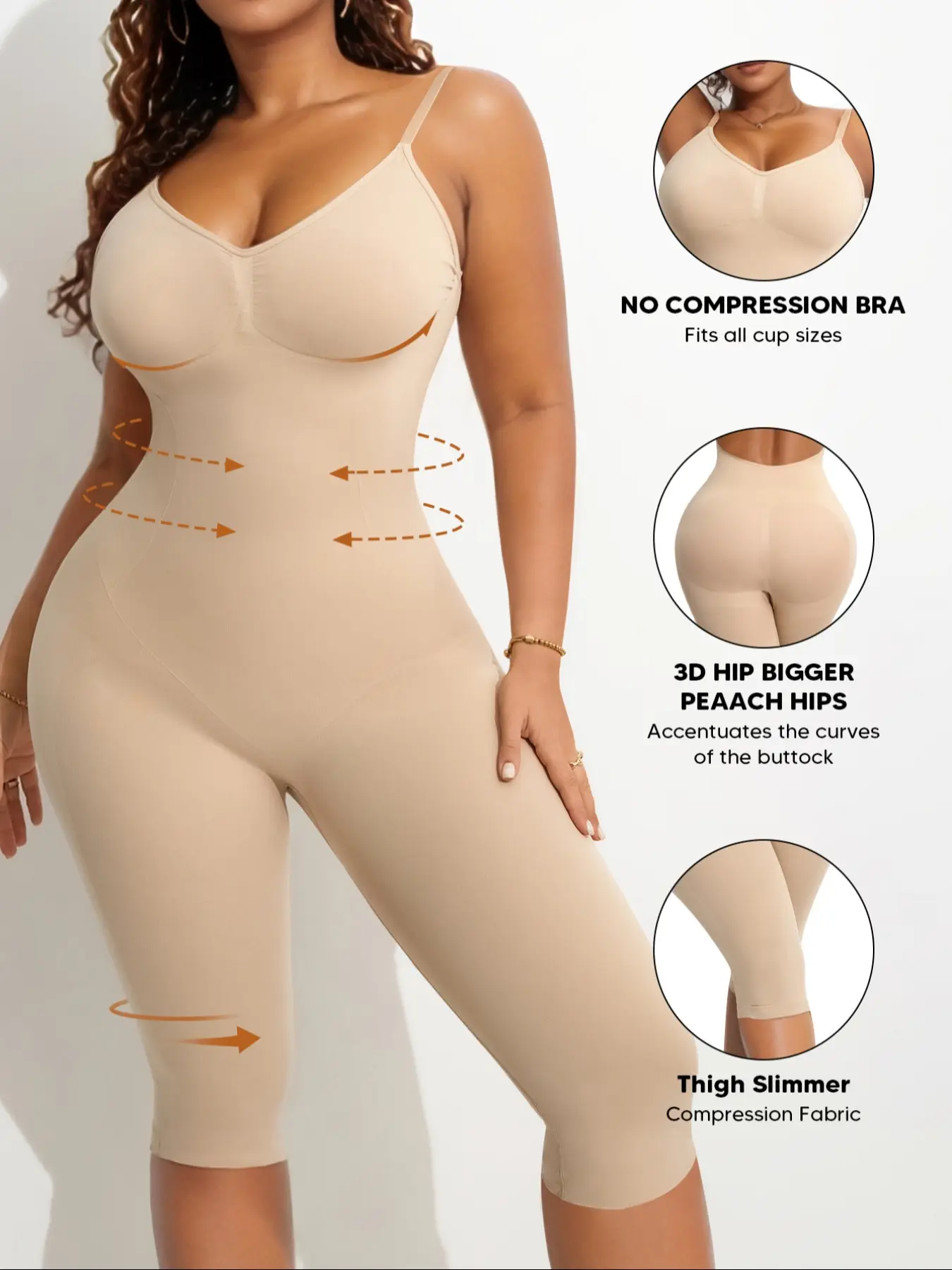 Women's Seamless Low Back Shapewear Bodysuit, Deep Plunge Tummy Control, Mid-Thigh Fit Body Shaper for Backless Dresses, Nude Color, Elastic Fabric, Womenswear