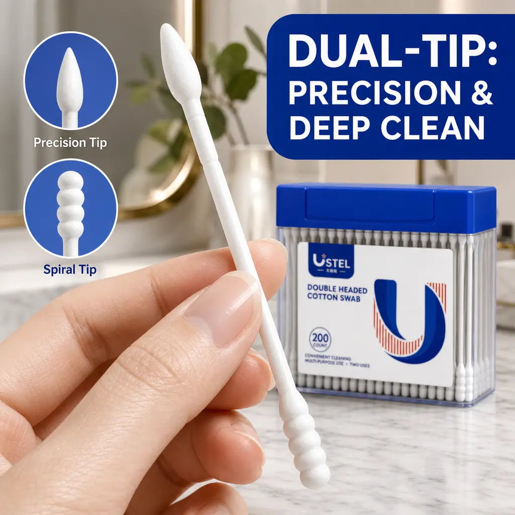 Pure Cotton Disposable Double-Pointed Tip Cotton Swabs, 200 Pieces Paper Stick Buds for All Skins, Ear & Make-Up Use, Household Ear Wax Removal, Pointed Tips