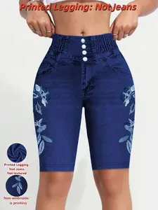 Women's Printed Leggings Non-Denim Fabric, Womenswear Casual Fashion Fit Tight Shorts, Elastic Fake Jeans Print, All-Season Comfort, Graphic Print Shorts