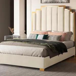 AMERLIFE Bed Frame with 65" Headboard, Upholstered Platform Bed with Golden Plating Trim, Modern Luxury Bed Frame, No Box Spring Needed/No Mattress/Queen/King/Best Gift Ideas/Christmas Gifts