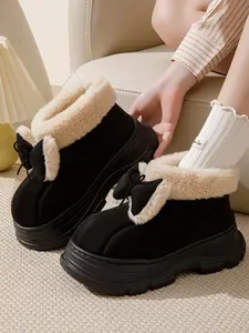 Women's Winter Cotton Suede Slippers with Bow Design, Indoor Outdoor Warm Thick Sole Shoes, Fashionable Home Footwear for Cold Weather