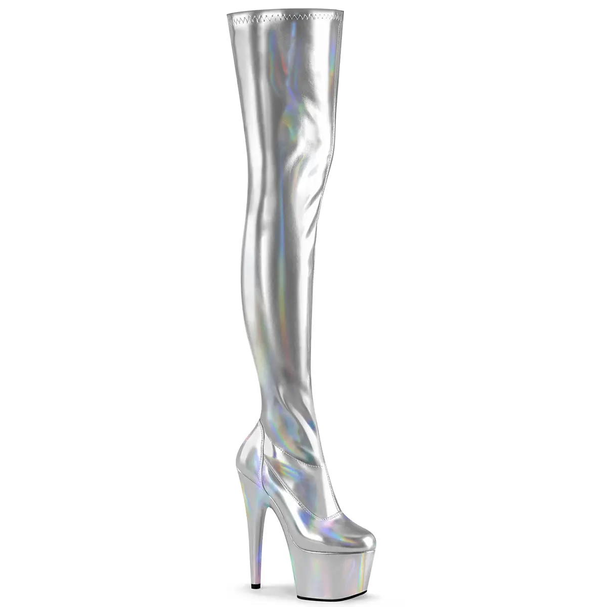 Women's 7-in Block Heel Platform Boot - ADORE-3000HWR Silver Holographic Synthetic Thigh-High Footwear with Zip Closure, Platforms, Holographic Effect