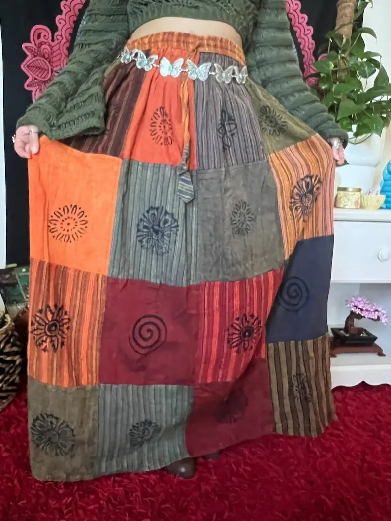 Print Patchwork Cotton Skirt, Bohemian Handmade Maxi Skirt, Colorful Festival Hippie , Cottage Core Vintage Fashion , Sustainable
