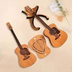 Wooden Guitar Pick Box with Stand & 3 Pcs Guitar Picks 2026 Acoustic Guitar Pick Holder Set for Musicians