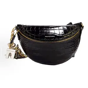 Pre-owned Balenciaga Calfskin Crossbody Bags Souvenirs XXS Croco Embossed Black Chest/Waist Bag CPU1202