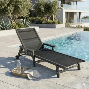 Tobeos Patio Chaise Lounge Chair with Wheels & Cup Holder, All-Weather HDPE & Textilene Outdoor furniture Pool Lounge Chair