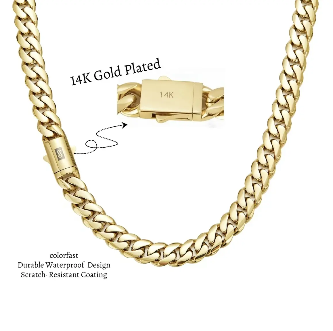 14K Gold-Plated Stainless Steel Miami Cuban Link Chain, Anti-Rust Electroplating, Copper-Alloy Box Clasp, 6-14mm Unisex Luxury Daily Wear Necklace, Fashion Jewelry Gift for Men & Women