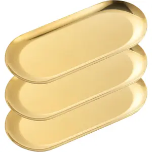3 Pack Gold Oval Decor Trays, Stainless Steel Small Decorative Vanity Tray for Bathroom, Elegant Jewelry Tray for Holding Perfume Keys Wallet Business Cards Candle