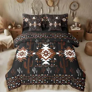 Black Southwestern Aztec Comforter Set with Sheets Kids Geometric Vintage Bed in a Bag for Boys Girls Teens Boho Tribal Rustic Western Exotic Cactus 7 Pieces Bedding Set Soft