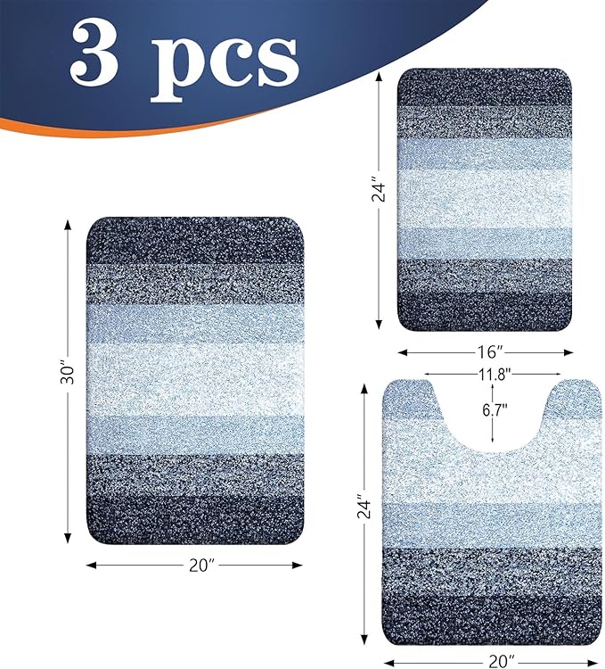 3PCS Soft Gradient Cashmere-like Bathroom Mat Set, Ultra-fine Fiber Super Water Absorbent Shower Rug, Non-slip U-Shaped Toilet Mat, Quick Dry Machine Washable