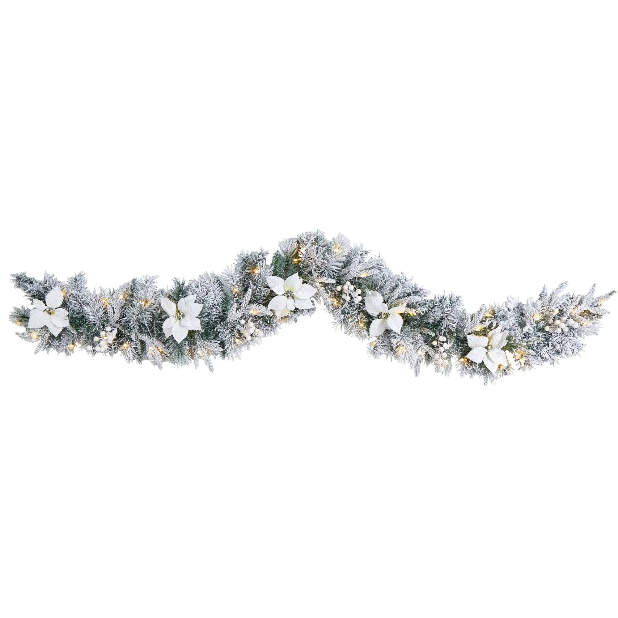 Traditional Synthetic Festive Garland, 6ft-9ft Long Flocked Poinsettia-Berry Decor, 50 Warm White LED Lights, Holiday Home Decoration for Bare Counter, Mantle, Christmas